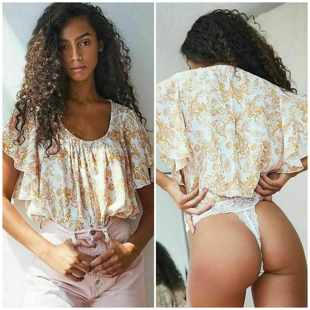 INTIMATELY FREE PEOPLE Hearts Flutter Bodysuit Lace Scoop Neck Top SMALL PETITES